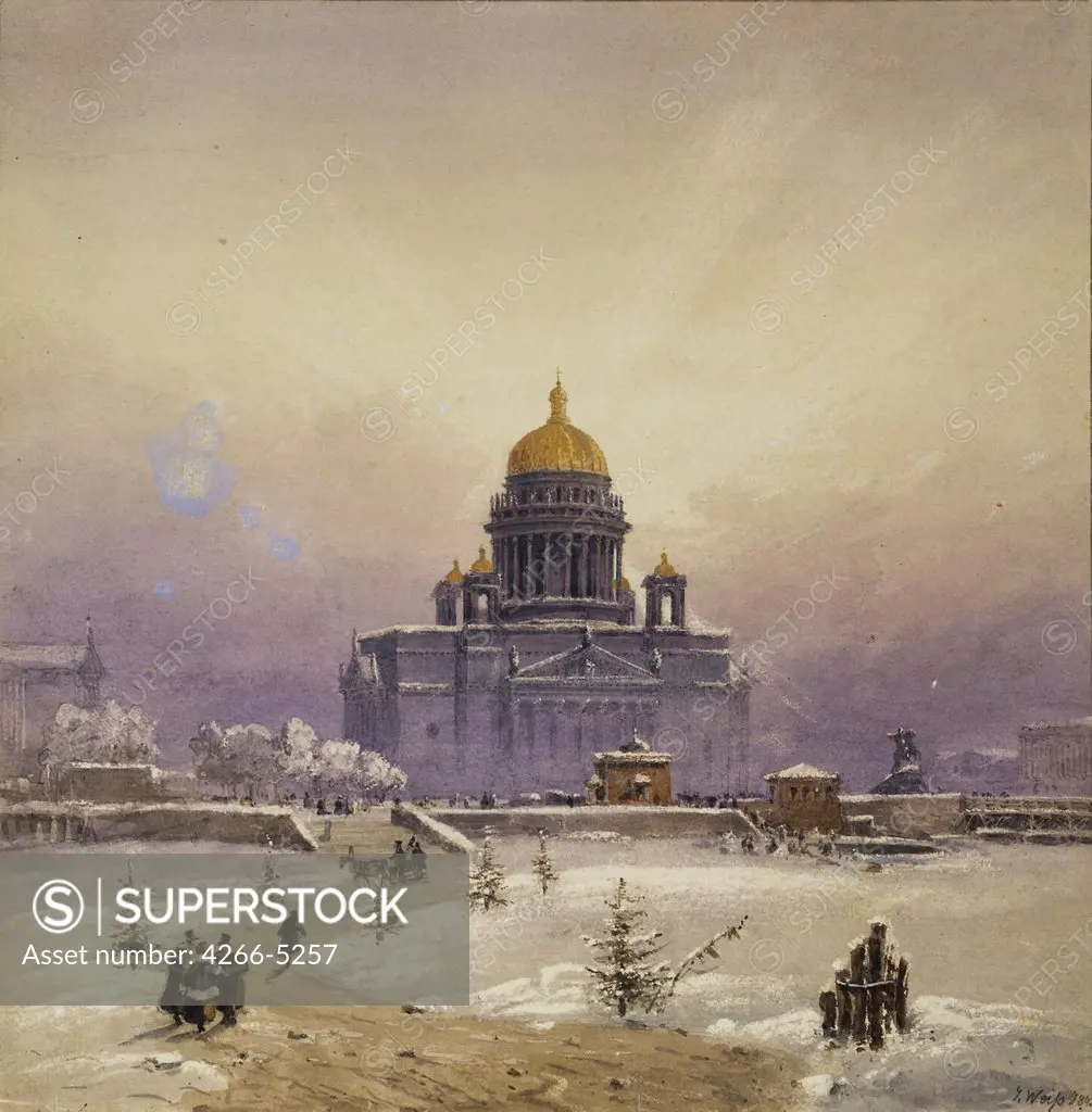View of Saint Isaac's Cathedral in Saint Petersburg by Johann Baptist Weiss, watercolor and white color on paper, 1843, 1812-1879, Russia, St. Petersburg, State Hermitage, 22, 6x22, 3