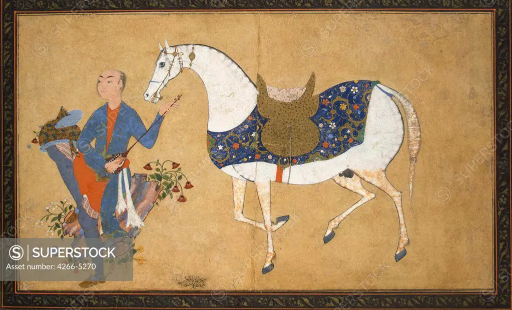 Illustration with man and horse by Sharaf al-Husayni al-Yazdi, gouache on paper, circa 1595, active 16th century, Russia, St. Petersburg, State Hermitage, 12x20, 8
