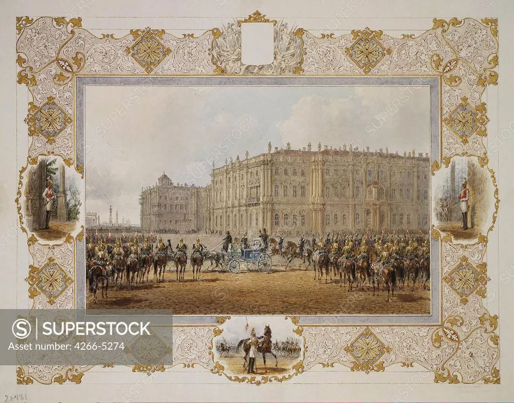 Soldiers on square next to Winter Palace by Vasily Semyonovich Sadovnikov, watercolor on paper, 1850s, 1800-1879, Russia, St. Petersburg, State Hermitage, 29, 8x38, 5