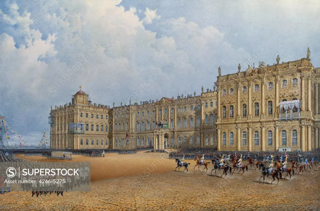 Soldiers on square next to Winter Palace by Vasily Semyonovich Sadovnikov, watercolor on paper, 1840s, 1800-1879, Russia, St. Petersburg, State Hermitage, 24, 7x37, 4