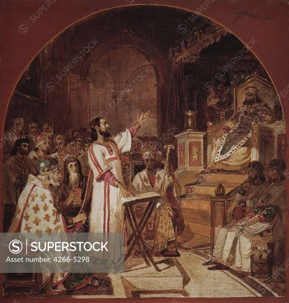 Synod of Nicaea by Vasili Ivanovich Surikov, Oil on cardboard, 1876, 1848-1916, Russia, St. Petersburg, State Russian Museum