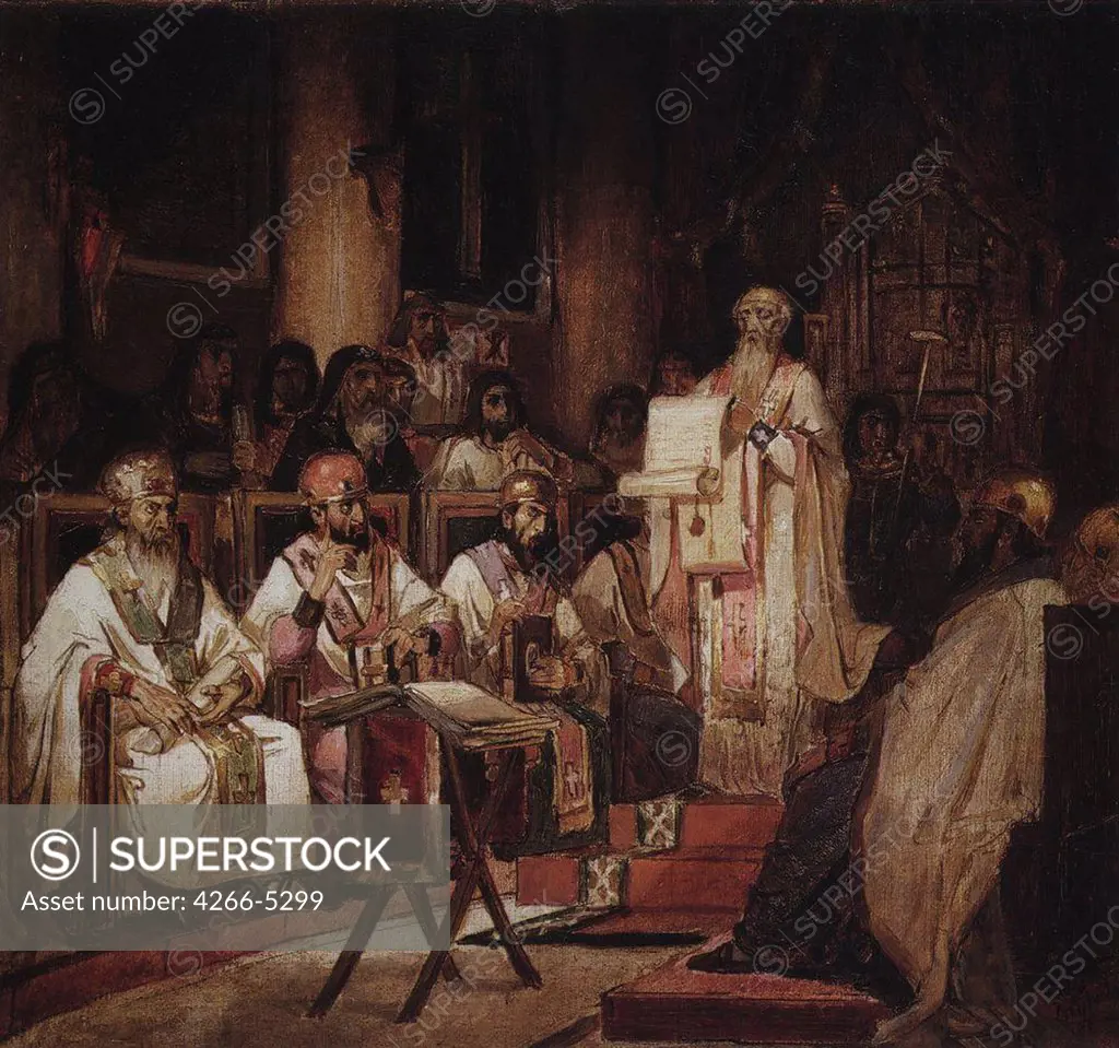 First Council of Constantinople by Vasili Ivanovich Surikov, Oil on cardboard, 1876, 1848-1916, Russia, St. Petersburg, State Russian Museum