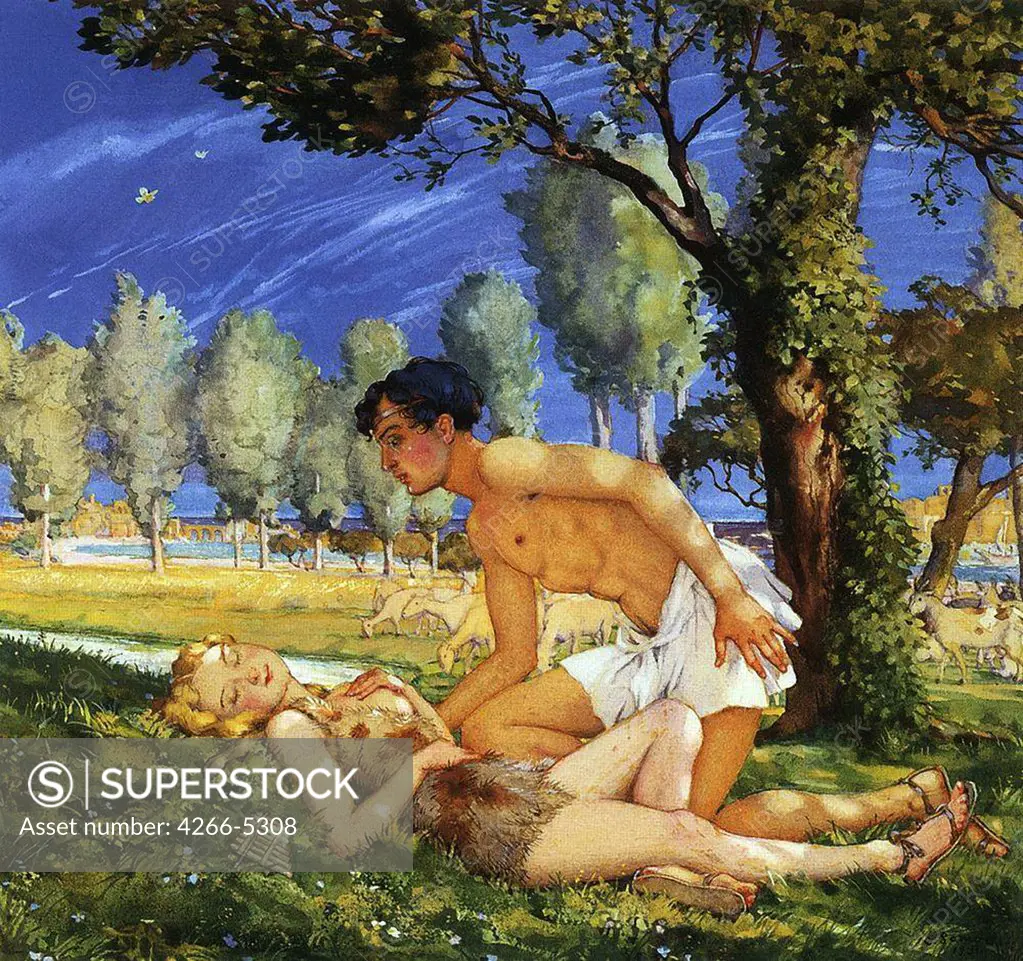 Daphnis And Chloe by Konstantin Andreyevich Somov, Gouache on paper, 1930, 1869-1939, Private Collection