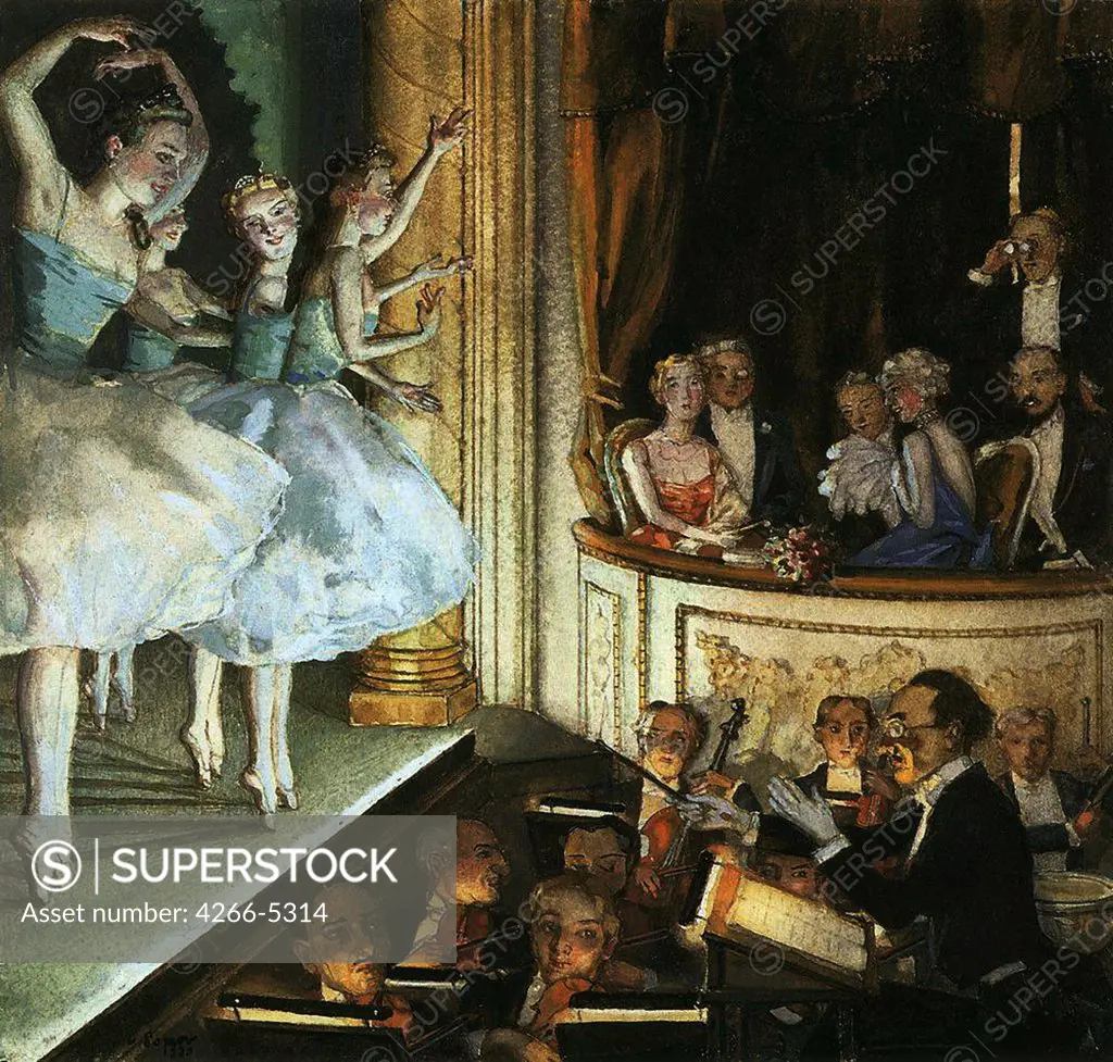 Ballet dancers on stage by Konstantin Andreyevich Somov, Watercolor, Gouache on Paper, 1930, 1869-1939, Private Collection