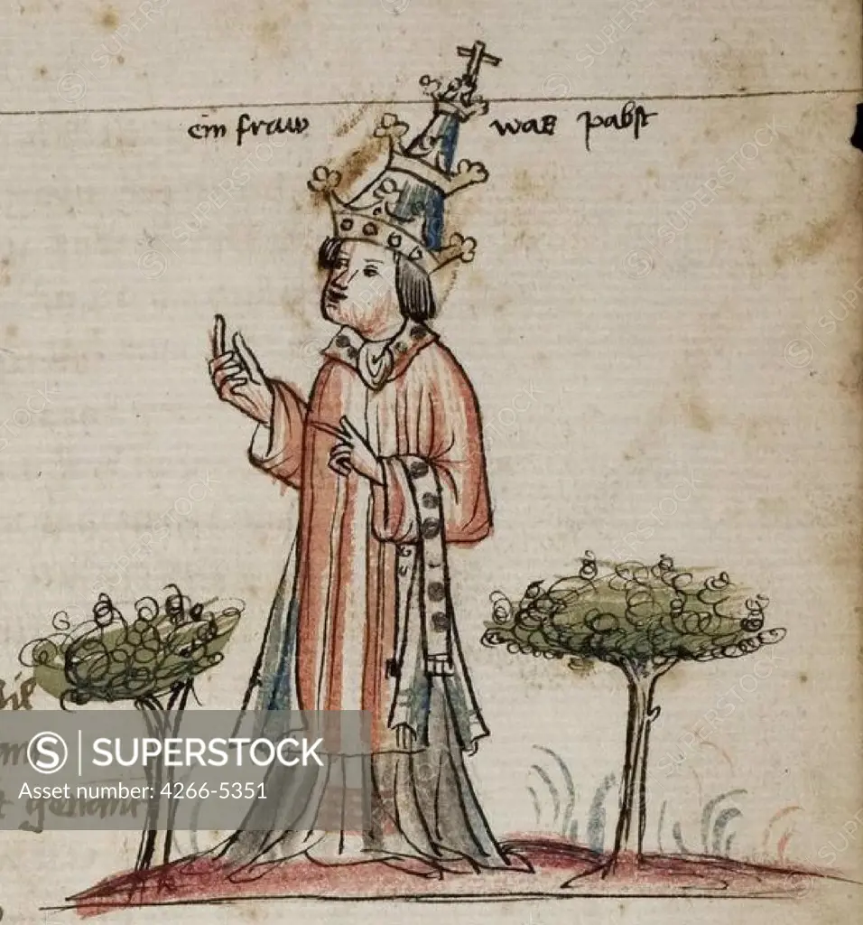 Illustration with pope Joan by Jans der Enikel, Watercolor on parchment, End of 13th century, End of 13th - early 14th century, University Library Heidelberg