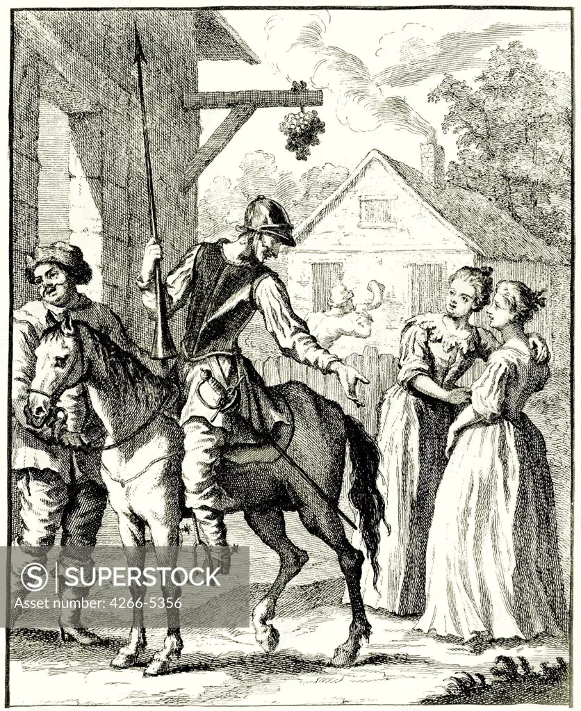 Illustration from Miguel de Cervantes book Don Quijote by William Hogarth, Etching, 1738, 1697-1764, Private Collection, 22, 8x18