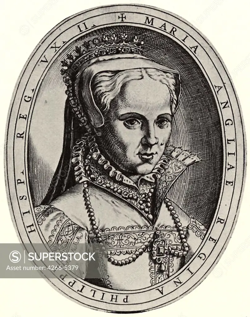 Portrait of Queen of England Mary I by Antonio Campi, Copper engraving, 1582-1584, circa 1522-1587, Private Collection, 15x11, 5