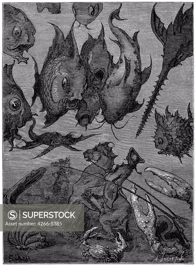 Illustration with Baron Munchhausen and fishes by Gustave Dore, Woodcut, 1862, 1832-1883, Private Collection