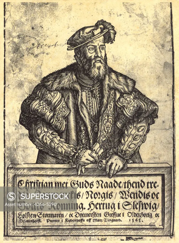 Portrait of Christian III King of Denmark by Mads Vingaard, Woodcut, 1565, active 1562-1600, Private Collection, 29, 5x19, 3