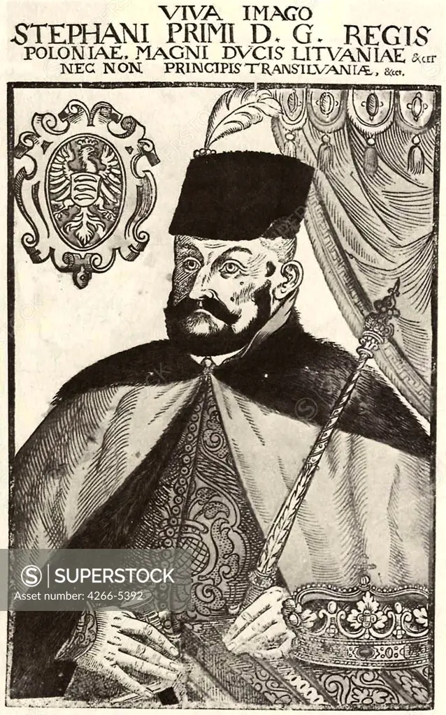 Portrait of polish king Stephen Bathory by Lucas Mayer, Woodcut, active 1566-1605, 16th century, Private Collection, 38x24