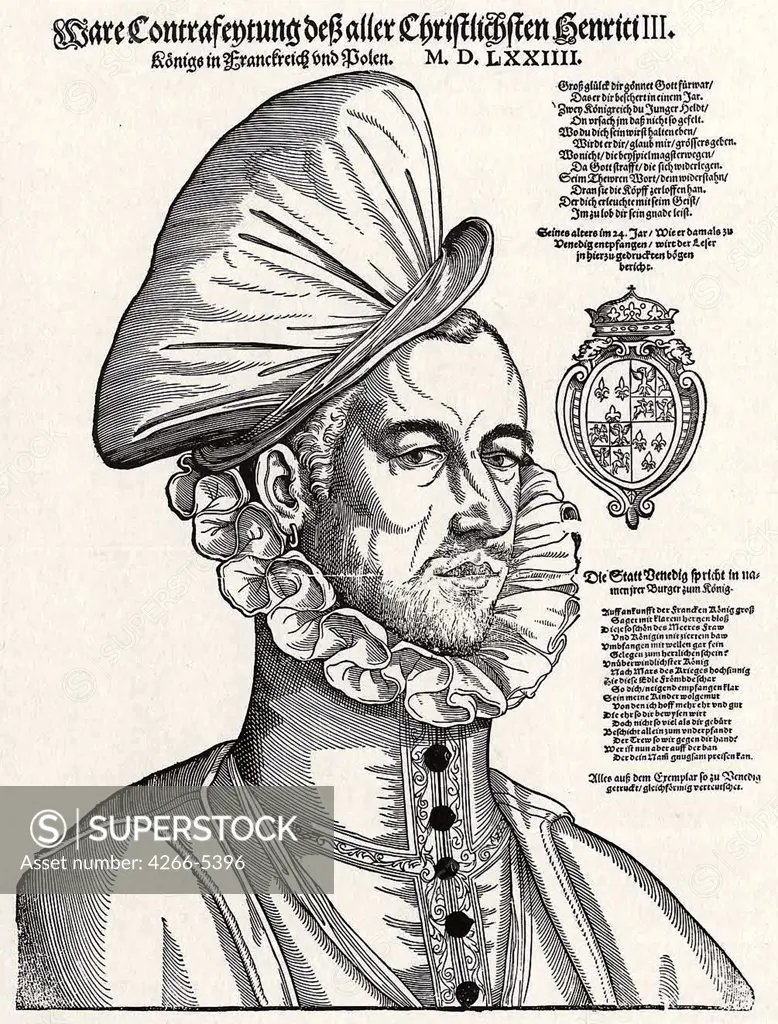 Portrait of King Of Poland Henry III by German master, Woodcut, 16th century, Private Collection, 38, 5x29, 5