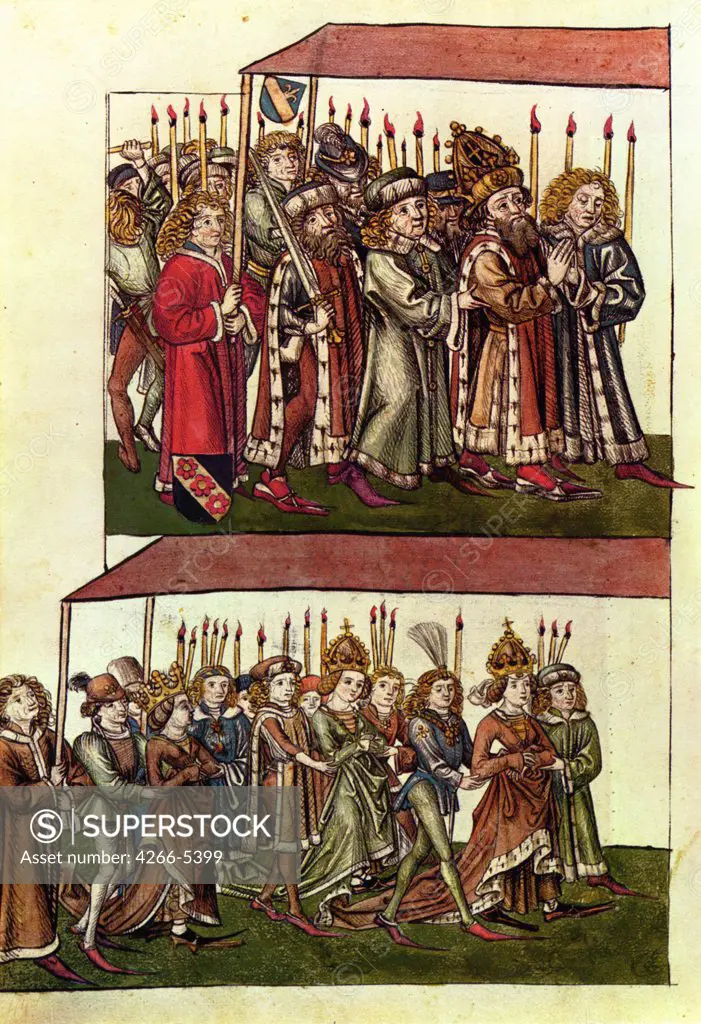 Procession with german king Frederick I by Anonymous painter, Watercolor on parchment, circa 1440, Austria, Vienna, Austrian National Library, 36x25