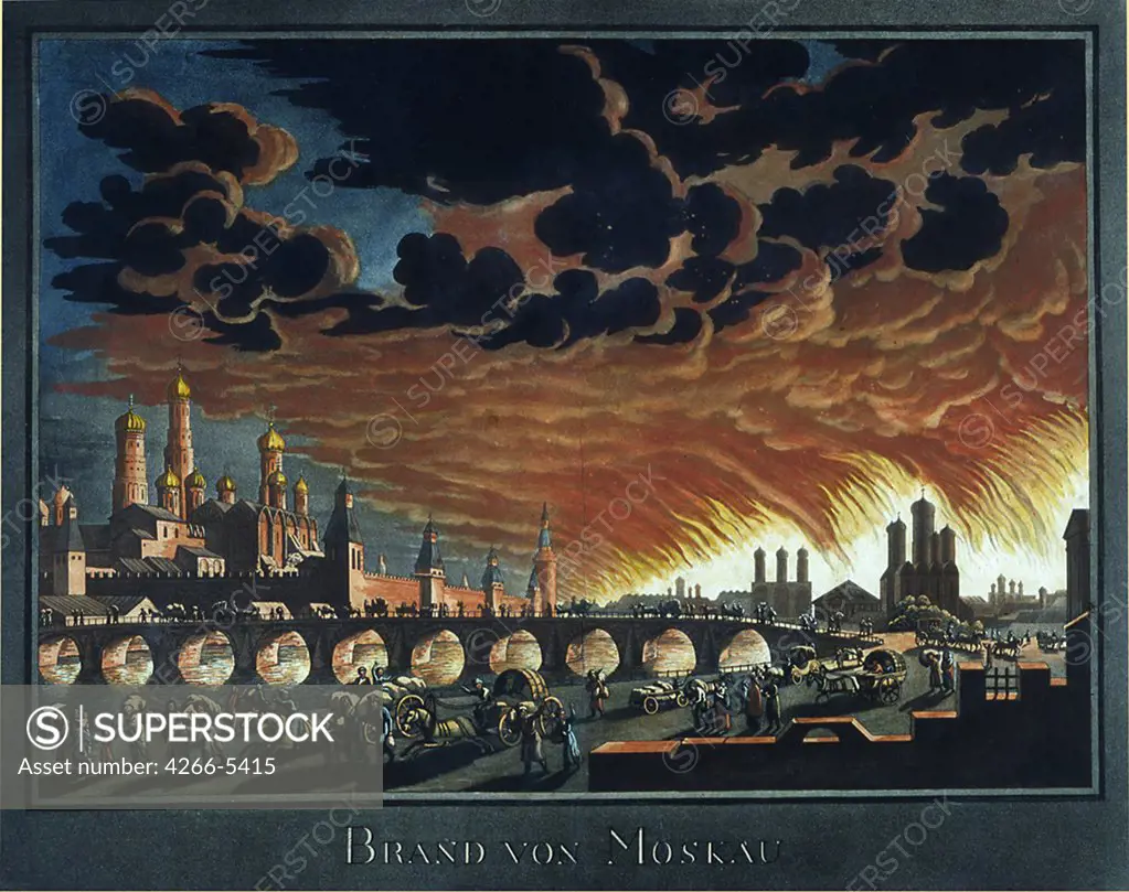 Fire in Moscow by Anonymous artist, Color lithograph, 19th century, Moscow, State History Museum,
