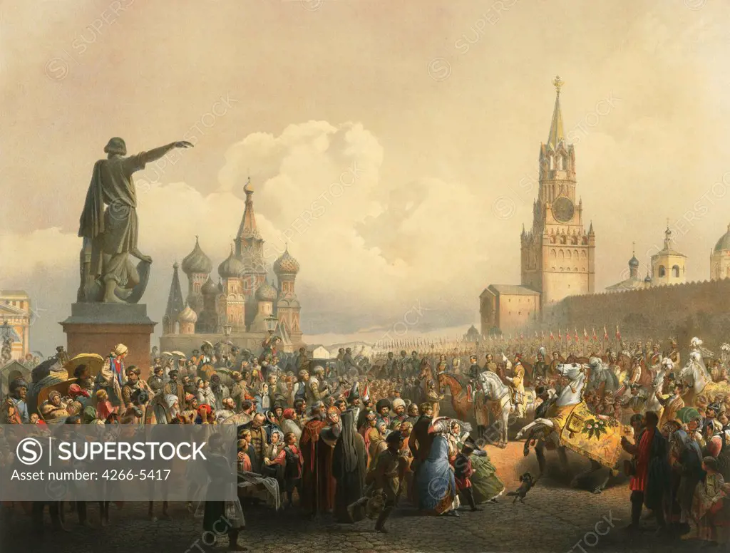 Crowd of people on Red Square by Vasily Timm (George Wilhelm) Color lithograph, 1865, 1820-1895, Russia, Moscow, State History Museum,