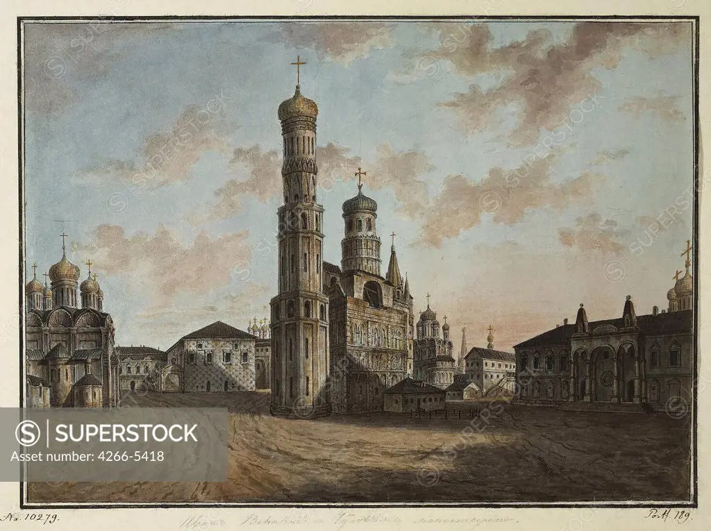 Bell tower in Moscow by Fyodor Yakovlevich Alexeyev, Watercolor and ink on paper, 1800-1810, 1753-1824, Russia, St. Petersburg, State Hermitage, 34x47