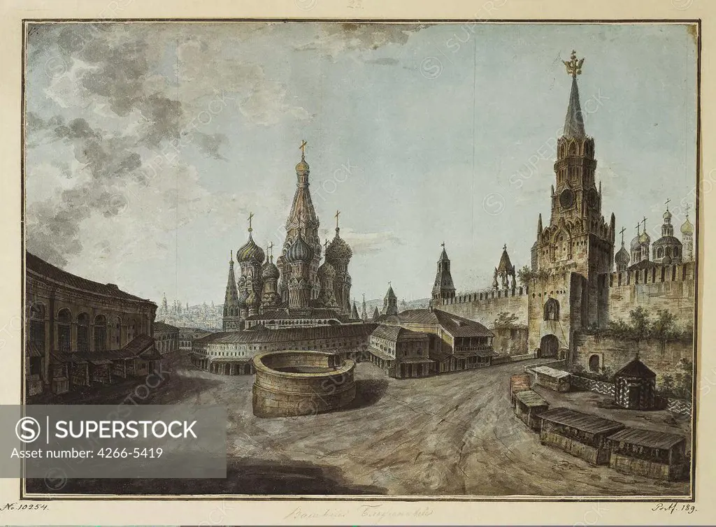 Red Square by Fyodor Yakovlevich Alexeyev, Watercolor and ink on paper, 1800-1810, 1753-1824, Russia, St. Petersburg, State Hermitage, 34, 9x49, 6