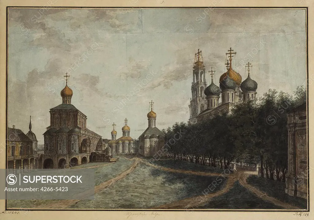 Russian monastery by Fyodor Yakovlevich Alexeyev, Watercolor and ink on paper, 1800-1810, 1753-1824, Russia, St. Petersburg, State Hermitage, 38x52, 5