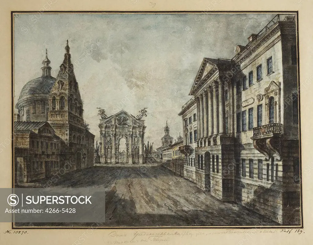 Strastnaya Square by Fyodor Yakovlevich Alexeyev, Watercolor and ink on paper, 1800-1810, 1753-1824, Russia, St. Petersburg, State Hermitage, 35, 1x47, 2