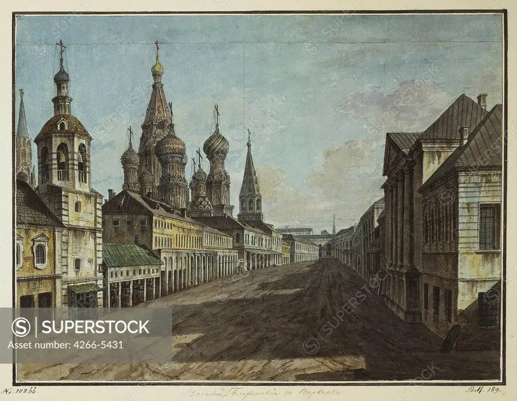 Street in Moscow by Fyodor Yakovlevich Alexeyev, Watercolor and ink on paper, 19th century, 1753-1824, Russia, St. Petersburg, State Hermitage, 37, 8x50