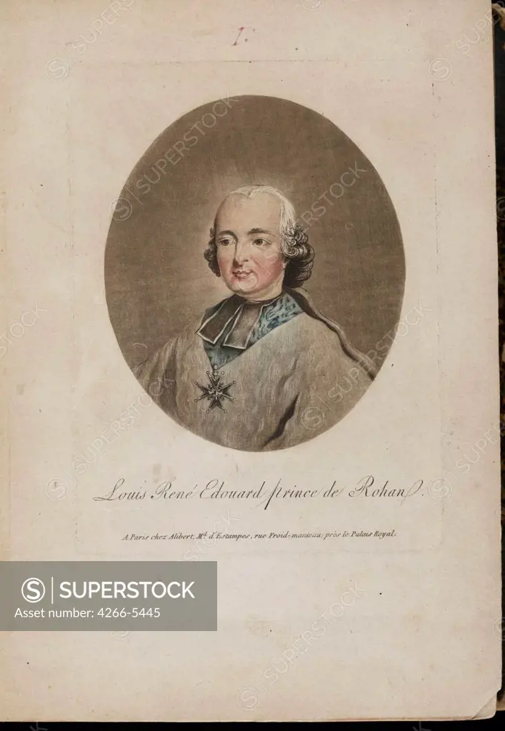 Portrait of Louis de Rohan by French master, Etching, watercolor, 1786, Private Collection