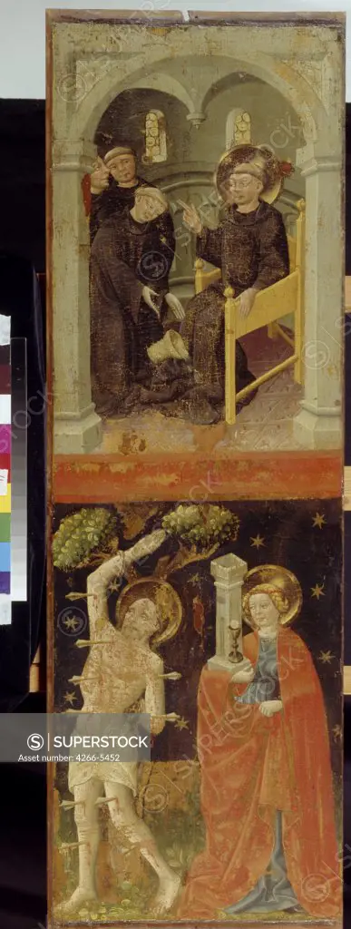 Saint Sebastian by Austrian master Tempera on panel, circa 1450, Medieval art, active circa 1440-1450, Russia, Moscow, State A. Pushkin Museum of Fine Arts, 124x40