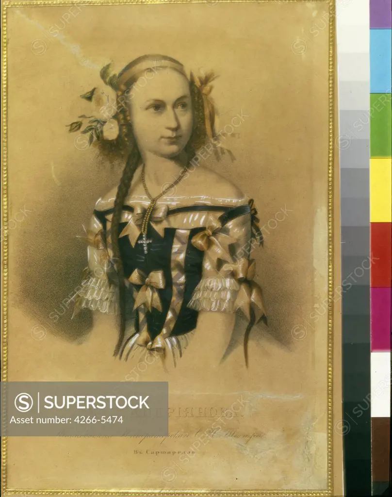 Portrait of russian ballet dancer Elena Andreyanova by Russian Master, Colour lithograph, 1830-1840s, Russia, St. Petersburg, State Museum of Theatre and Music Art