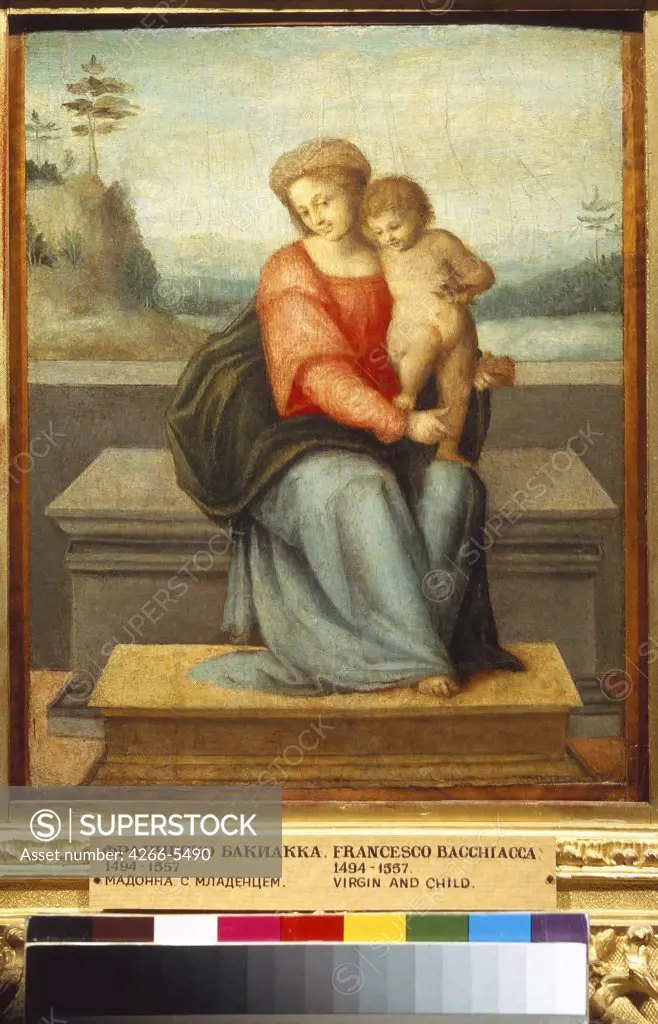 Religious illustration with Virgin Mary and Jesus Christ by Francesco Bacchiacca, Oil on wood, circa 1520, 1494-1557, Russia, Moscow, State A. Pushkin Museum of Fine Arts, 30x26