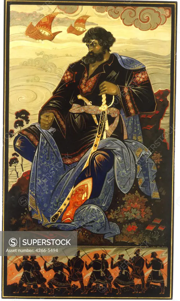 Leader of a Cossacks insurrection Stepan Razin by Vladimir Andreevich Belov, lacquer miniature on papier-mache, 1973, *1923, Russia, Moscow, Russian Museum of Folk arts and crafts