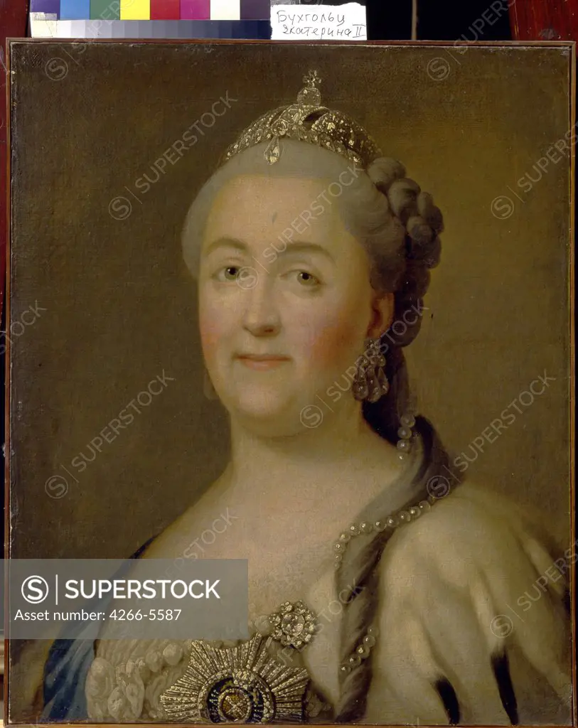 Portrait of tsarina Catherine the Great by Heinrich Buchholz, Oil on canvas, 1772, 1735-1780, Russia, St. Petersburg, State Russian Museum, 51x42