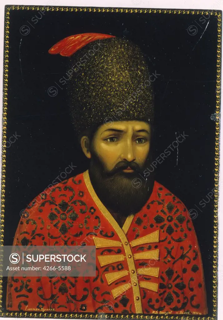 Portrait of Cossack by Nikolay Dmitrievich Vakurov, lacquer miniature on papier-mache, 1936, 1879-1952, Russia, Palekh, Museum of Palekh Russian Lacquer Art