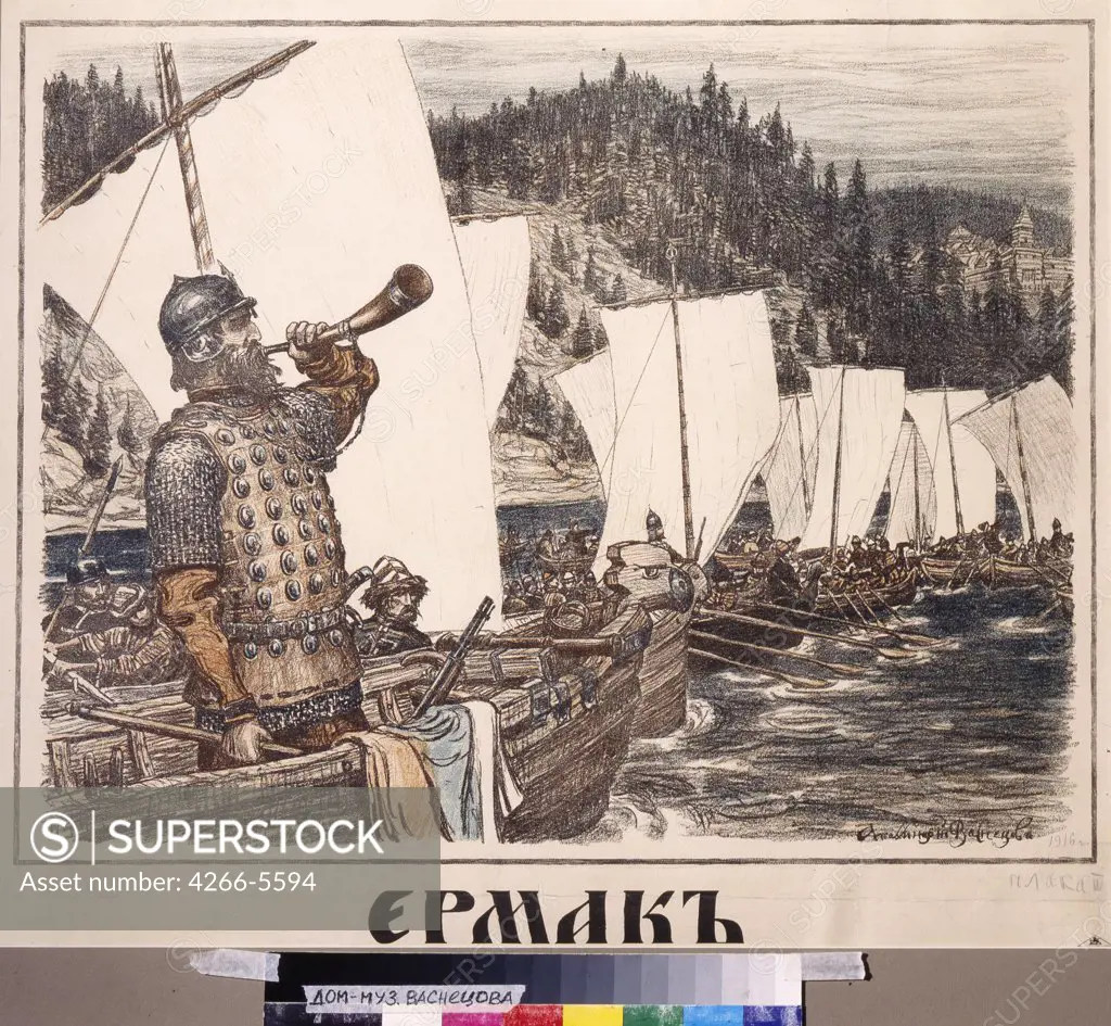 Exploration of Siberia by Appolinari Mikhaylovich Vasnetsov, Color lithograph, 1916, 1856-1933, Russia, Moscow, V. Vasnetsov Memorial Museum, 64x77