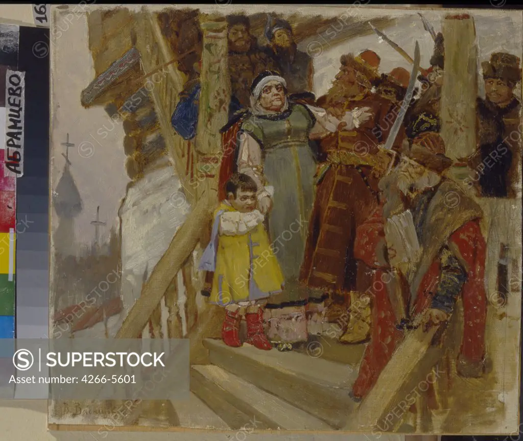 People in historical clothing standing on stairs by Viktor Mikhaylovich Vasnetsov, Oil on playwood, 1877, 1848-1926, Russia, near Moscow, State Museum Abramtsevo Estate, 41, 6x46, 1