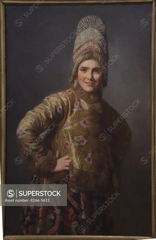 Portrait of woman in traditional clothing by Karl Bogdanovich Wenig, Oil on canvas, 1889, 1830-1908, Russia, St. Petersburg, State Russian Museum, 117x75