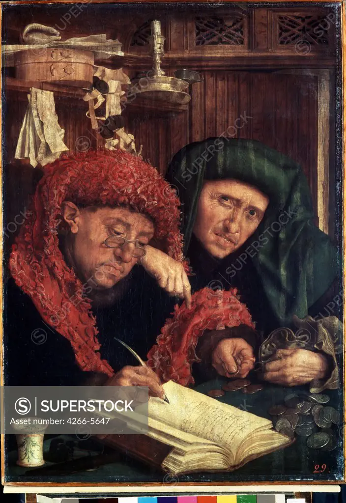 Men counting money by Marinus Claesz van Reymerswaele, Oil on wood, 1490 -1567, circa1490-after 1567, Russia, St. Petersburg, State Hermitage, 84, 5x60