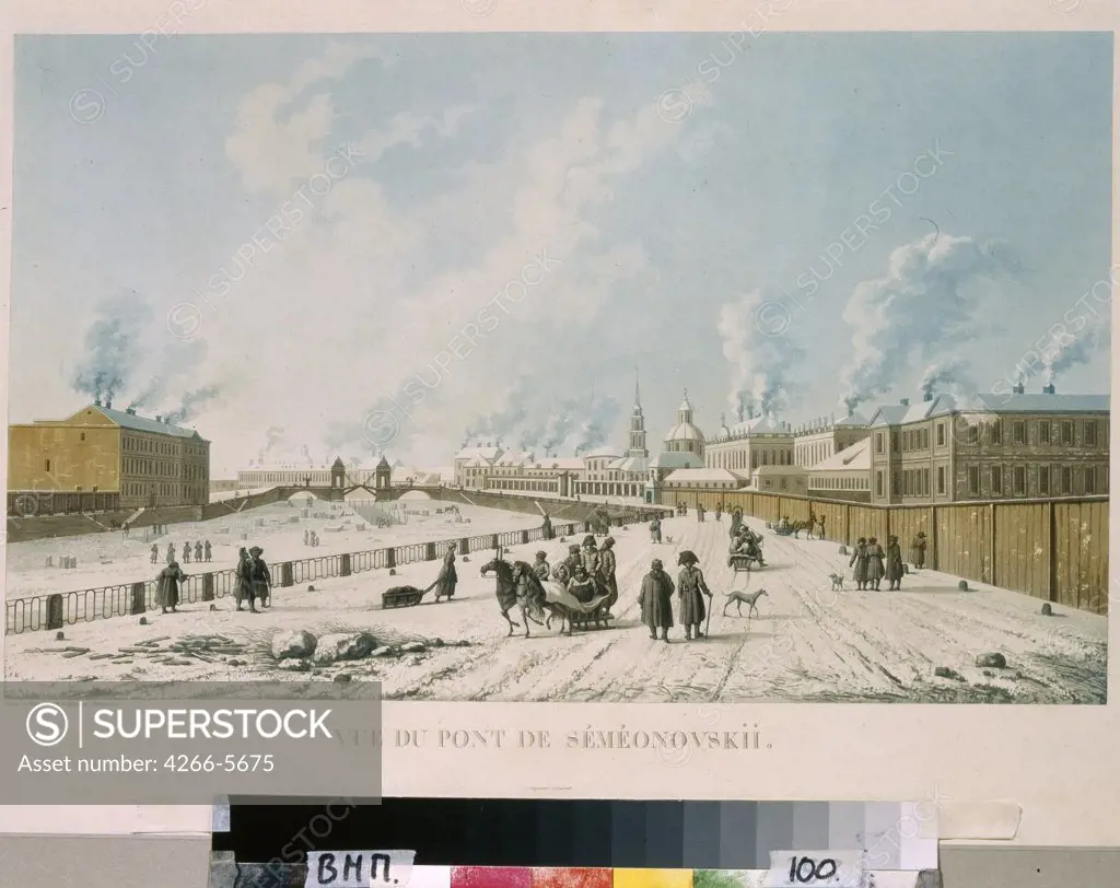 Winter scene in Saint Petersburg by Michel Francois Damam-Demartrait, Etching, watercolour, 1813, Classicism, 1763-1827, Russia, St. Petersburg, A. Pushkin Memorial Museum, 32, 3x54, 7