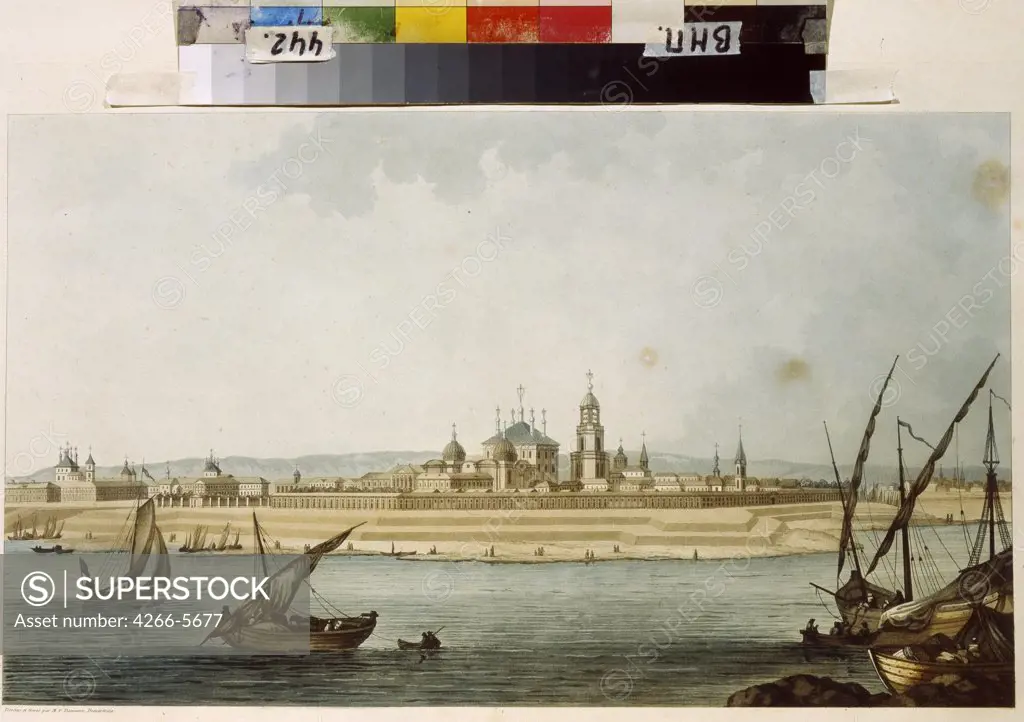 Volga river in Tver by Michel Francois Damam-Demartrait, Etching, watercolour, 1813, Classicism, 1763-1827, Russia, Moscow, State Museum of A.S. Pushkin, 50, 4x68, 6