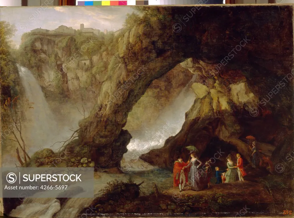 People walking by waterfall by Louis Ducros, Oil on canvas, 1782-1786, Rococo, 1748-1810, Russia, St. Petersburg, State Open-air Museum Pavlovsk Palace,