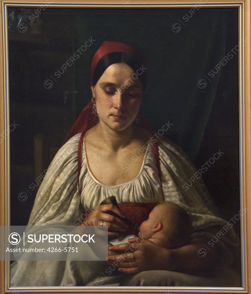 Mother feeding her baby by Wilhelm August Golicke, Oil on canvas, 1830-1840s, 1802-1848, Russia, St. Petersburg, State Russian Museum, 75, 5x64