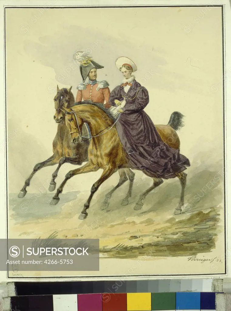 Alexandra Fyodorovna and Nicholas I riding horses by Franz Kruger, Watercolor on paper, 1833, 1797-1857, Russia, St. Petersburg, State Russian Museum,