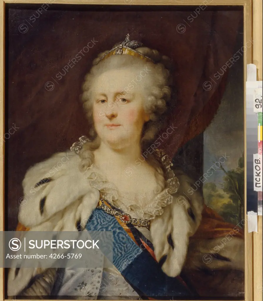 Empress Catherine II by Johann-Baptist von Lampi the Elder, Oil on canvas, 1790 s, 1751-1830, Russia, Pskov, State Open-air Museum of History, Architecture and Art,