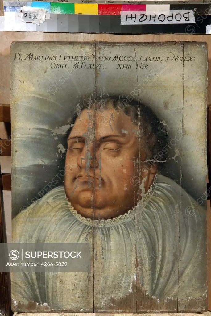 Martin Luther on deathbed by Anonymous artist, Oil on wood, 1546, Voronezh, Regional I. Kramskoi Art Museum, 55x44