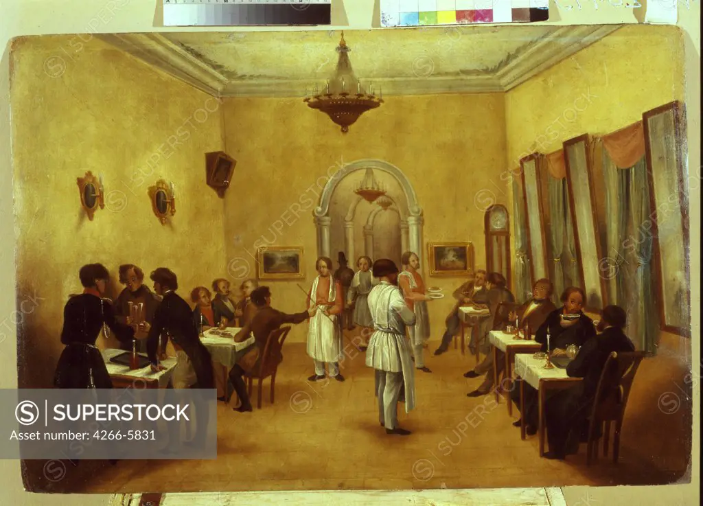People in restaurant by Anonymous artist, Oil on canvas, 19th century, Russia, Moscow, State History Museum,