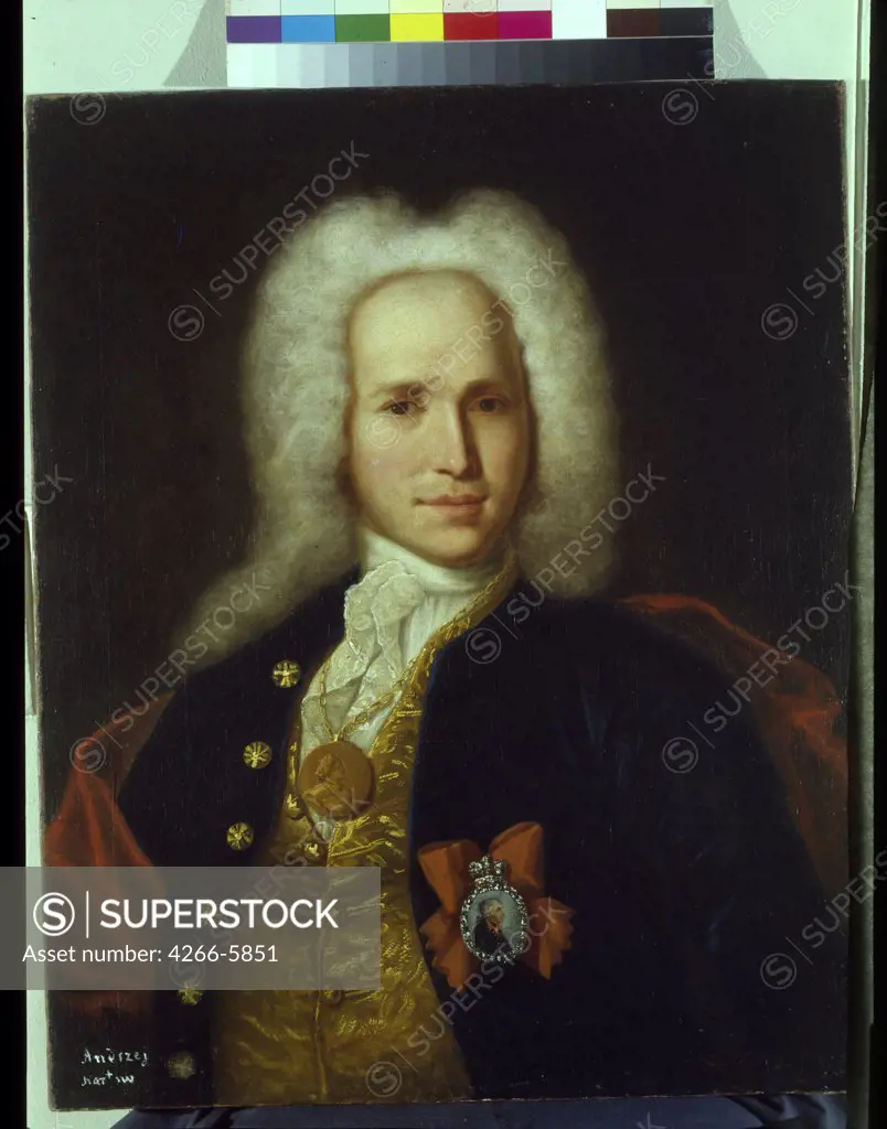 Portrait of Andrey Nartov by Anonymous artist, Oil on canvas, circa 1725, Rococo, Russia, St. Petersburg, State Hermitage, 74x59