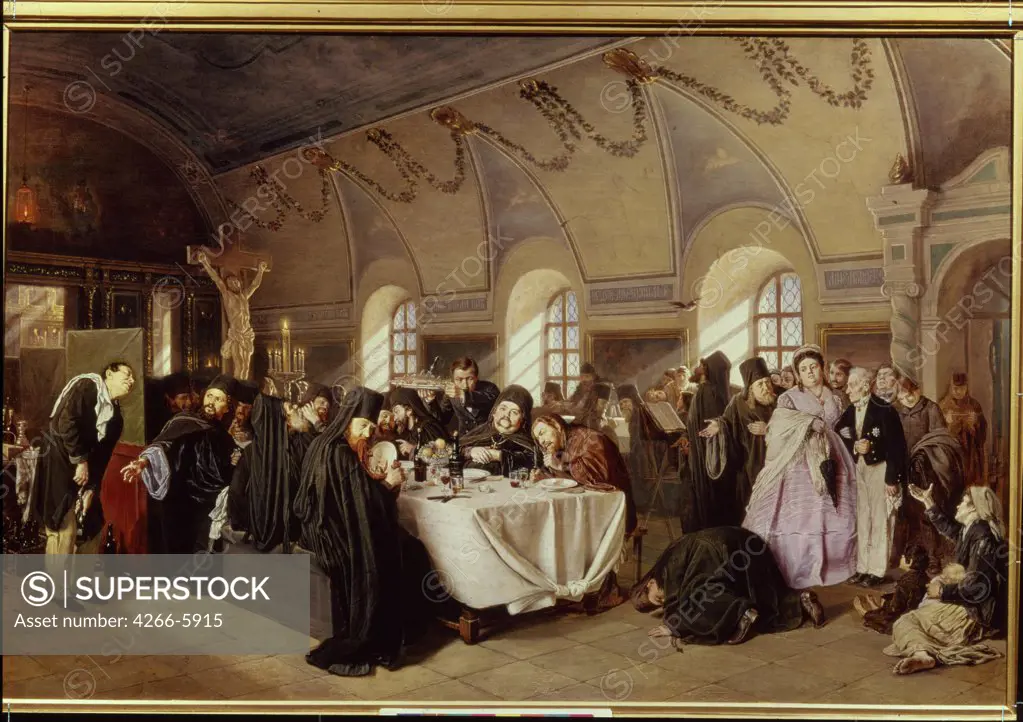 Meal in monastery by Vasili Grigoryevich Perov, Oil on canvas, 1876, 1834-1882, Russia, St. Petersburg, State Russian Museum, 84x126