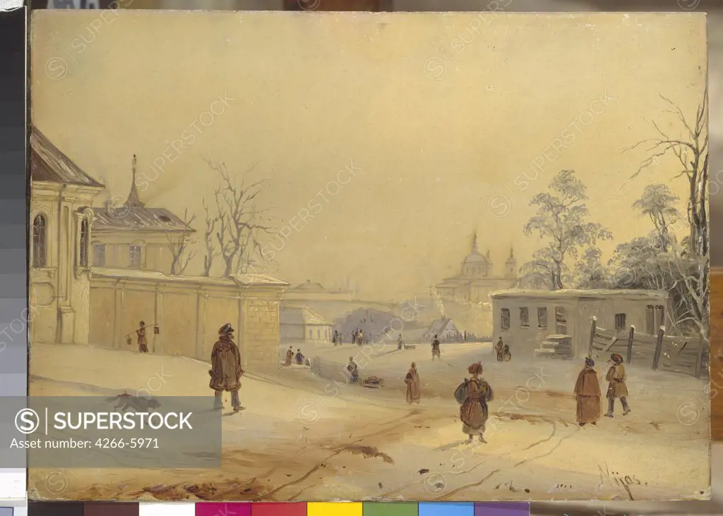 Vladimir Hill in Kiev by Mikhail Makarovich Sazhin, Oil on cardboard, 1818-1887, Russia, St. Petersburg, State Russian Museum, 20,5x28