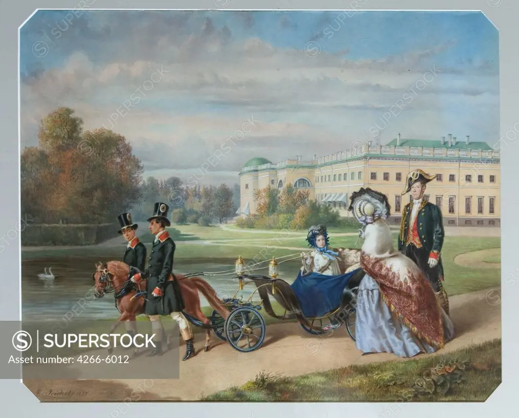 People in Alexander Park by Franz Teichel, Watercolor on paper, 1858, Neoclassicism, 1816-, Russia, St. Petersburg, State Open-air Museum Tsarskoye Selo, 41x55