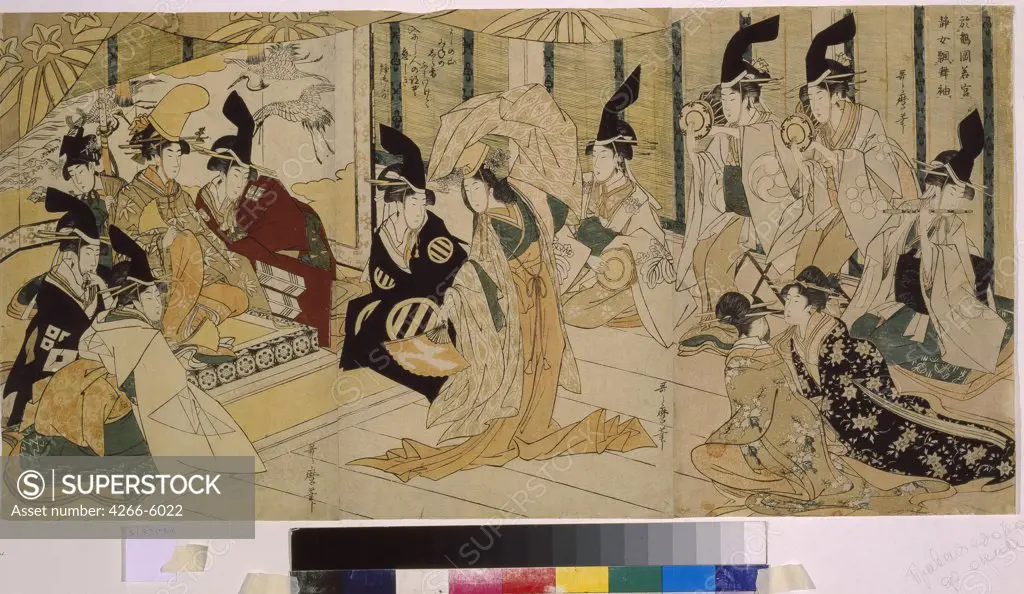Japanese dance by Kitagawa Utamaro, Color linocut, c. 1796, 1754-1806, Russia, Moscow, State A. Pushkin Museum of Fine Arts, 37,5x75