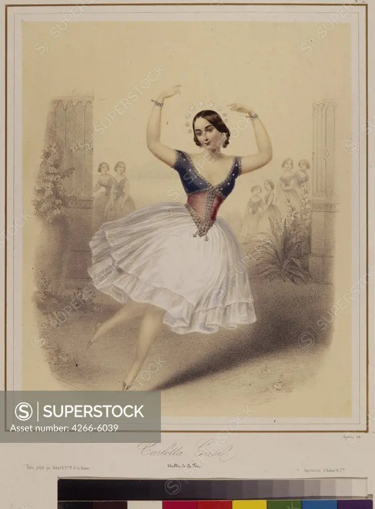 Carlotta Grisi dancing by Anonymous artist, Lithograph, watercolor, 1840s, Romanticism, Russia, Moscow, State Central A. Bakhrushin Theatre Museum,