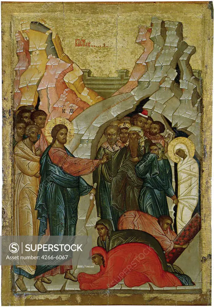 Resurrection Of Lazarus by unknown artist, Tempera on panel, 1480s, Russia, Novgorod, State Open-air Museum of History and Architecture Novgorodian Kremlin, 89x58