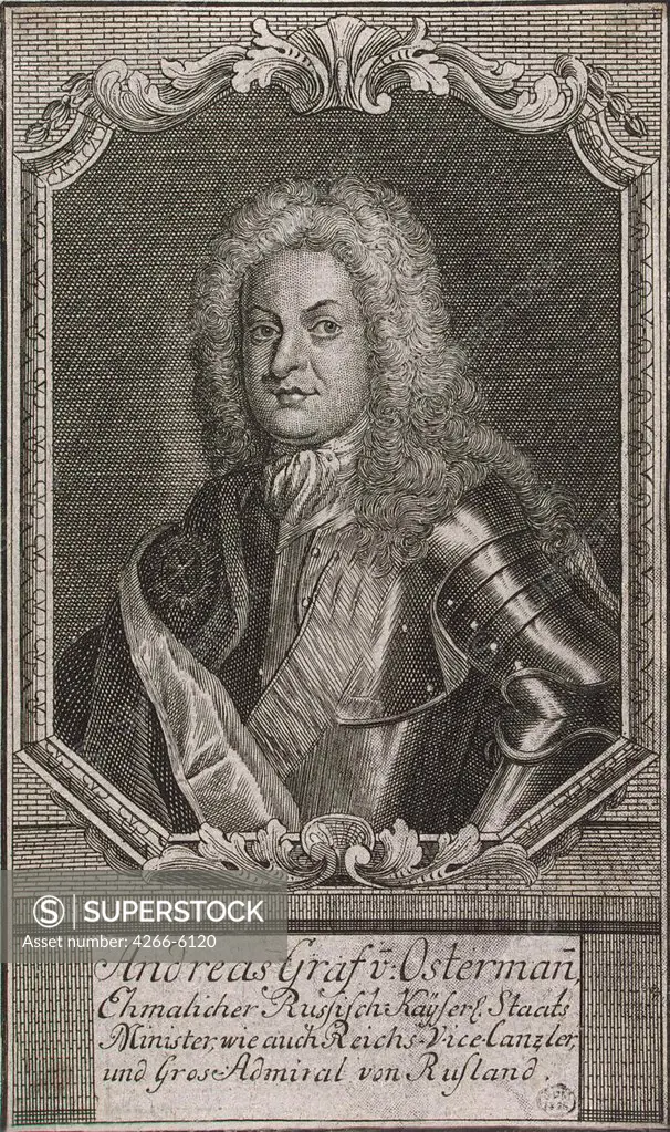 Ostermann by unknown artist, Copper engraving, 1720s, Russia, St. Petersburg, State Hermitage, 15,4x9